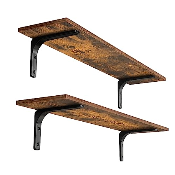 DINZI LVJ Long Wall Shelves, 31.5 Inch Wall Mounted Shelves Set of 2, Easy-to-Install, Wall Storage Ledges with Sturdy Metal Brackets for Living Room, Bathroom, Bedroom, Kitchen, Rustic Brown