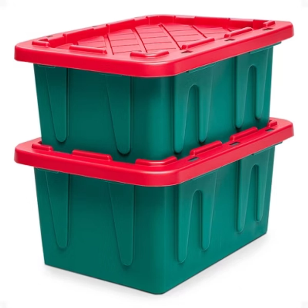 HOMZ 2-Pack Durabilt, Heavy Duty Plastic Storage Bins with Lids, 15 Gallon, Green/Red - Stackable Container Boxes for Holiday, Attic, and Garage