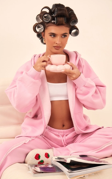 Light Pink Oversized Zip Through Seam Detail Hoodie
