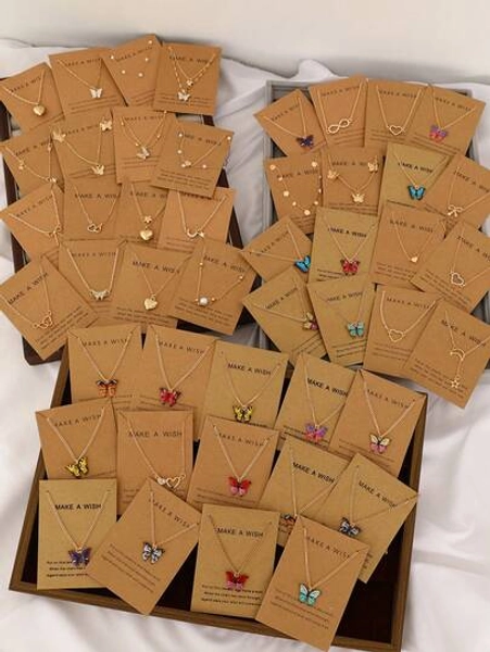 (With Card) 21pcs/10pcs/6pcs Fashion Minimalist Star Moon Heart Bow Rhinestone Pendant Necklace Set, Suitable For Dating, Vacation, Daily Wear - Size one-size