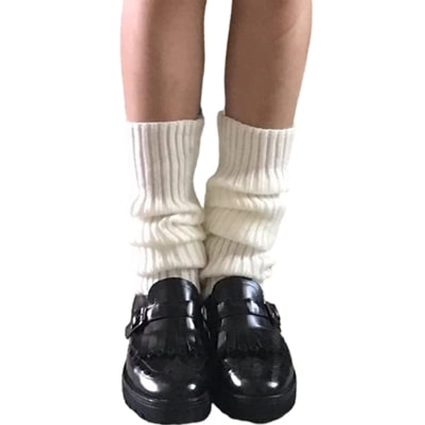 Lunoakvo Women Girls Japanese Style Kawaii Crochet Wool Ball Loose Knitted Leg Warmers Knee High Boot Stockings One Size White3