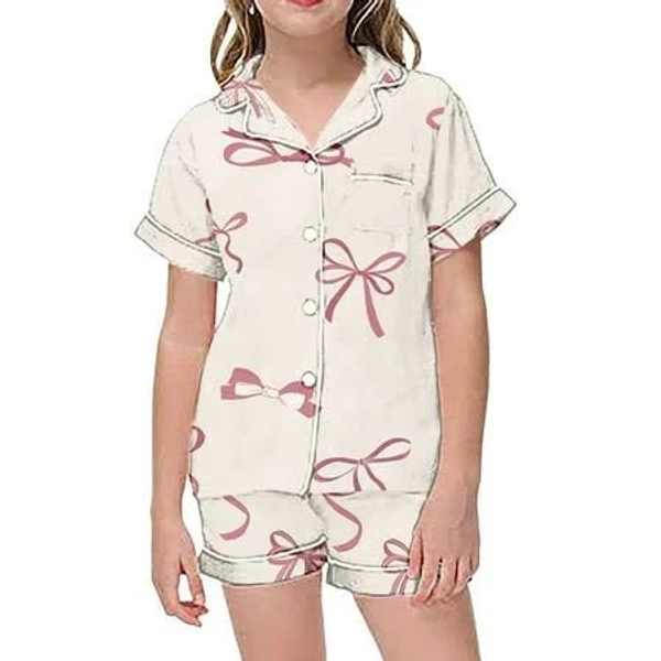 Girls' Bow Pattern Round Neck Short Sleeve Pajamas