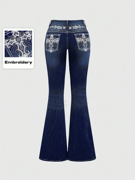 ROMWE Grunge Punk Y2K Retro Bauchfreie Jeans mit Tasche, Kreuz-Flügel-Stickerei und figurbetontem Schlagjeans-Bein für Frauen