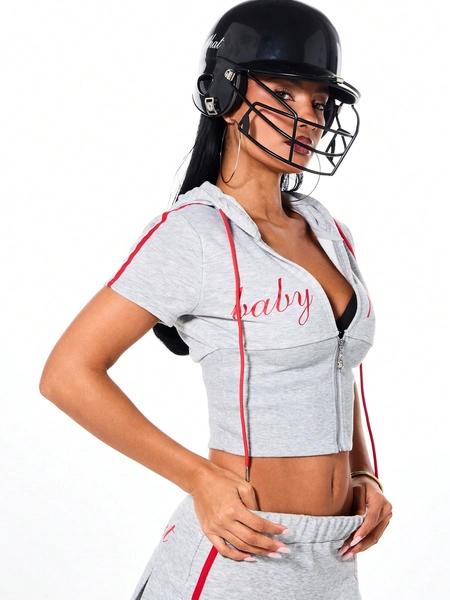 BABYPHAT Women Heather Short Sleeve Zip Up Cropped Hoodie With Hood Casual Streetwear Track Top