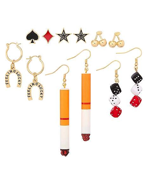 Multi-Pack Cigarette Dice Cherry Gold-Tone Earrings - 6 Pair