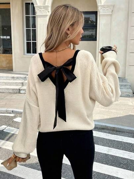 Serisse Women's Casual Loose Knit Sweater With Backless Tie Design, Long Sleeve, Suitable For Autumn/Winter,Cozy Fall And Winter Clothes For Women