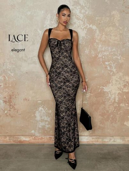 SHEIN BAE Solid Color Lace Bodycon Elegant Sexy Date Night Camisole Mermaid Dress, Women Costume,Summer Dresses For Women,Tea Party Dress,Valentine's Day,Valentine Outfits For Women