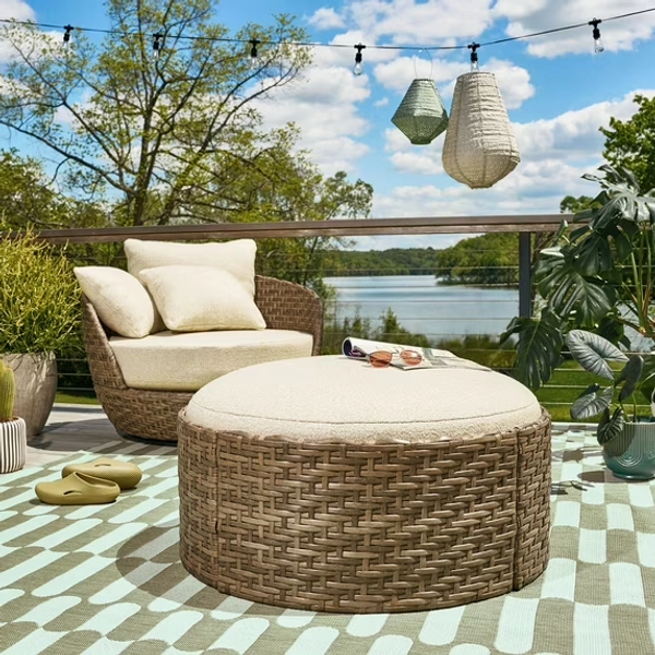 Beautiful Wicker Outdoor Reversible-Top Outdoor Ottoman and Coffee Table with Cover by Drew Barrymore, Brown/Porcini