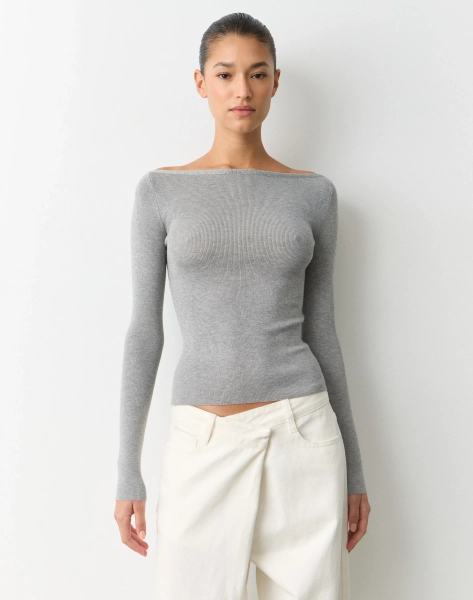 Boat Neck Knit Long Sleeve Top
