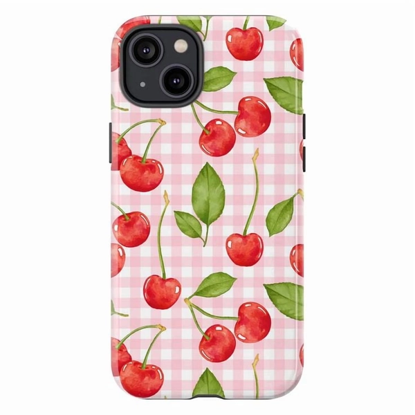Pink Gingham Cherry Pattern Phone Case, Cute Watercolor Fruit Design Cover, Protective Case for iPhone 17 16 15 14 13 12 11 Plus Pro Max Mini