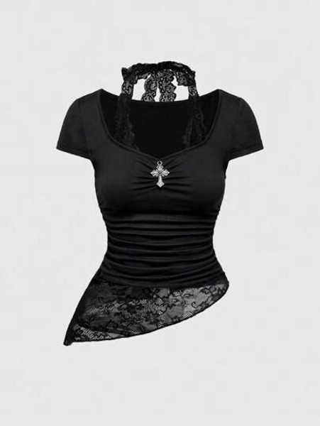 ROMWE Grunge Punk Gothic Cross Pendant Gentle Lace Patchwork 2 In 1 Scoop Neck Fitted Women T-Shirt