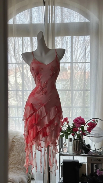 Pink Romantic Elegant Exquisite Floral Beaded Backless Short Chiffon Ruffle Homecoming Dress Ball Gown Evening Dress Birthday Holiday Party Dress Prom Dress