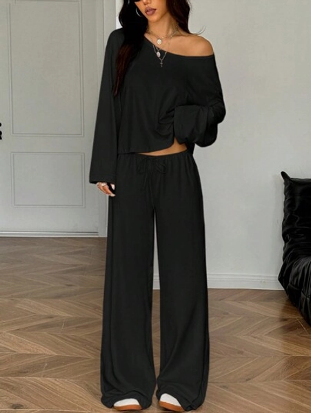 SHEIN EZwear 2pcs Women Casual Solid Color Asymmetric Collar Long Sleeve Top & Belted Pants Set, Autumn
