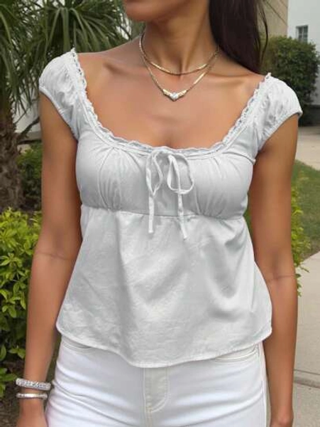 INAWLY Tie Front Ruched Bust Blouse Peplum Top