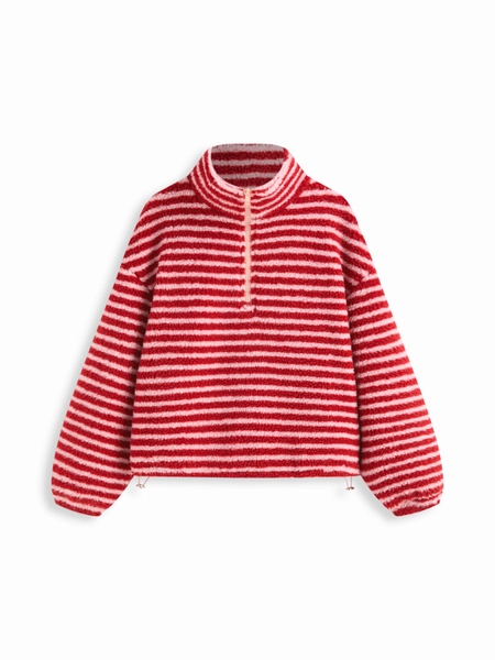 Fleece Stripe Stand Collar Drawstring Half Zip Oversized Sweatshirt
