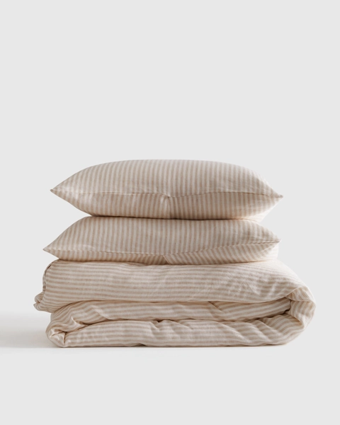 European Linen Stripe Duvet Cover Set | Quince in Natural/White Mini Pinstripe