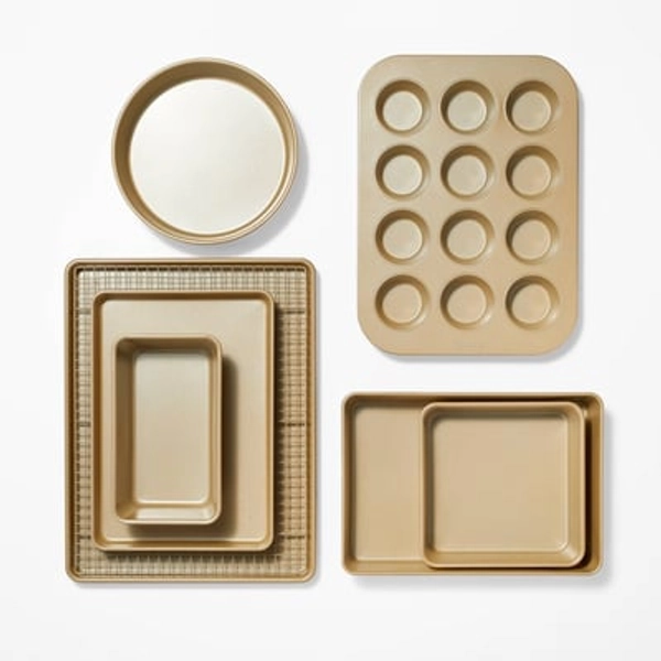 8pc Nonstick Bakeware Set Gold - Figmint™: Figmint Kitchen Baking Set, Includes Baking Pan & Cooling Rack
