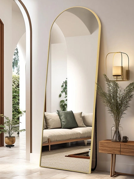 Espelho de corpo inteiro curvo 161 x 52 cm, grande espelho de pé e de parede, ideal para quarto, sala, corredor e entrada, moldura dourada