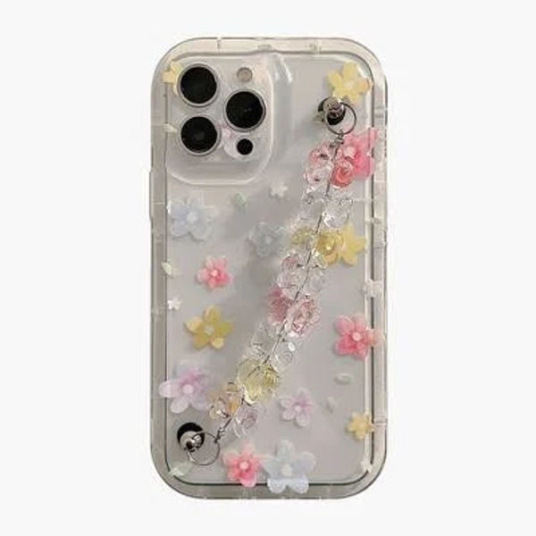 Alilang Clear Floral Phone Case with Beaded Wrist Strap Raised Flower Applique Design Protective Cover
