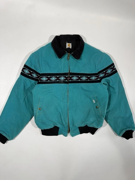 Vintage 90s Carhartt Aztec Blanket Lined Santa Fe Jacket Teal Blue JQ041 Sz L