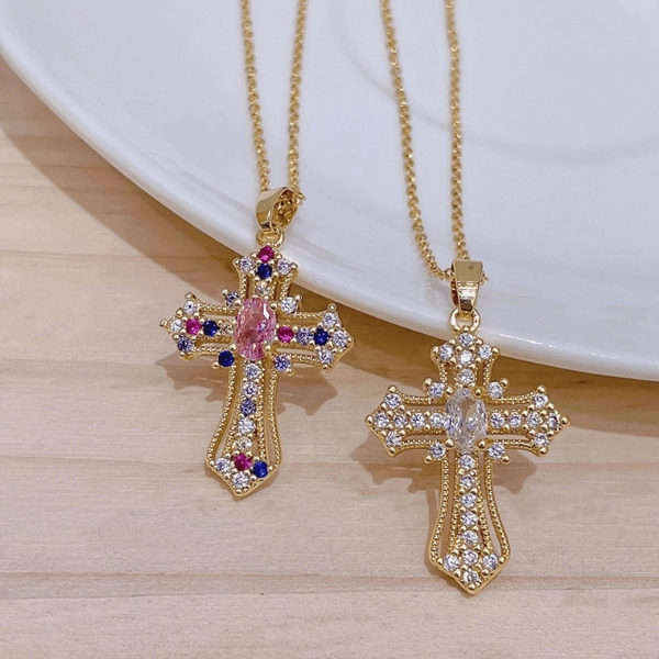 Men's Retro Punk Cross Pendant Necklace - Golden-Tone Metal with Pink & Blue Gemstones, Accents & Clear Center - Bold Statement Jewelry for Casual Attire, Punk Necklace, Fashion Accessory, Vintage Punk Style, Intricate Stone Setting