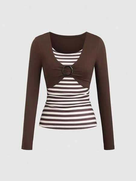 Sweetra Women's Brown Striped Y2K Baddie 2000s Style Retro Back To School Buckle Decor Fitted Comfortable Long Sleeve Crew Neck T-Shirt Fall Cloth For Women