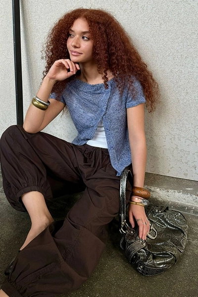 BDG Rue Slash Neck Asymmetric Button Knit Top