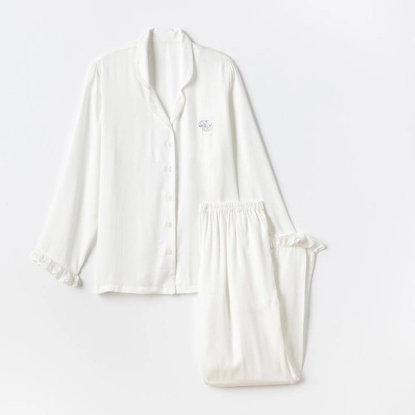 Ruffle Sateen Long Pajamas