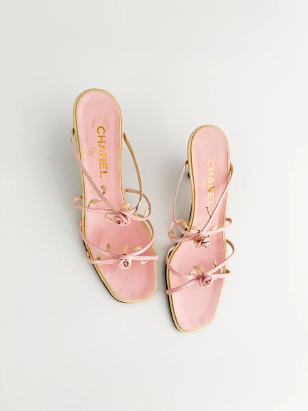 Chanel 2001 by Karl Lagerfeld Iconic Vintage Pink Rosebud Sandal Heels (US 8.5 / IT 38.5) — sororité.