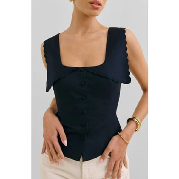 Reformation Juliane Square Neck Stretch Cotton Button-Up Shirt in Midnight at Nordstrom, Size 4