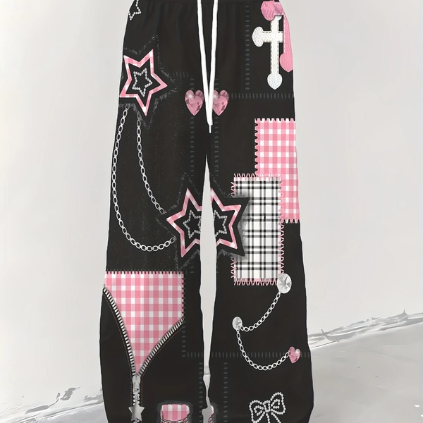 Plus Size, Women'S Oversized 3D Print Wide-Leg Trousers - Gothic Boho Pants with Pink & Geometric Patterns, Soft Breathable Fabric