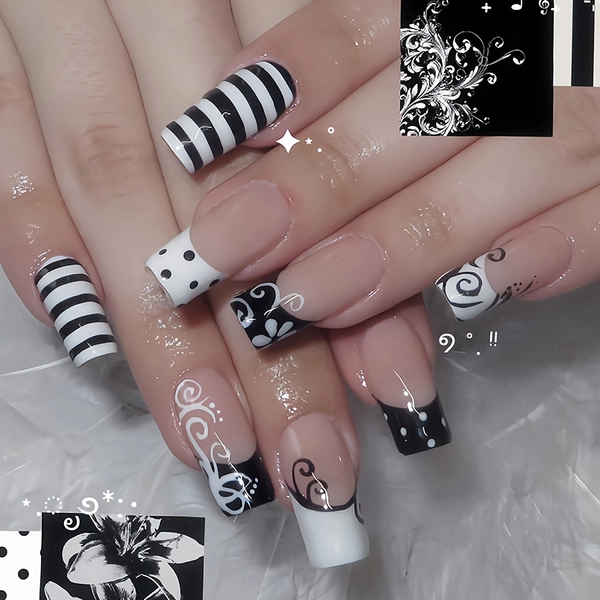 24pcs Summer French Black-And-White Striped Hand-Painted Vine Pattern Acrylic Press-On Nails Perfect for Daily Outings, Dates, And Photo Ops. Maxes Out Your Style And Goes with Any Outfit
