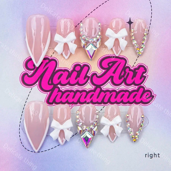 Delicatething Y2K Almond Press-On Nails Set, Handmade Wearable Fake Nails with Colorful Rhinestones and Bow Design, Nail Art Supplies, S/M/L Sizes, Perfect Gift for Women