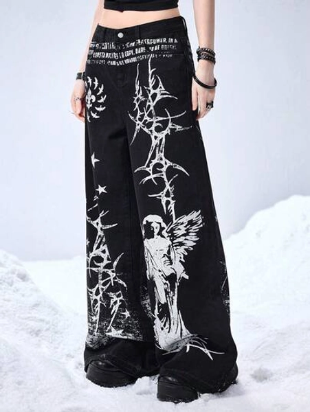 ROMWE Grunge Punk Dark Punk Cross Star Thorn Brick Wall Angel Women's Wide Leg Jeans