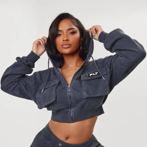 Women's Prettylittlethings Shape Washed Charcoal Cargo Cropped Hoodie
