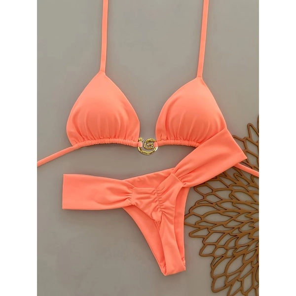 Sexy Hot 2pcs Coral Orange Metal-clad Bikini Set with Detachable Design Featuring a Simple and Elegant Look