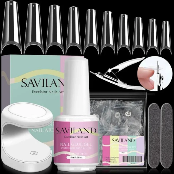 SAVILAND Gel x Nail Kit 15ml Super Strong Nail Glue Gel with 500pcs Half Cover Nails Tips & UV LED