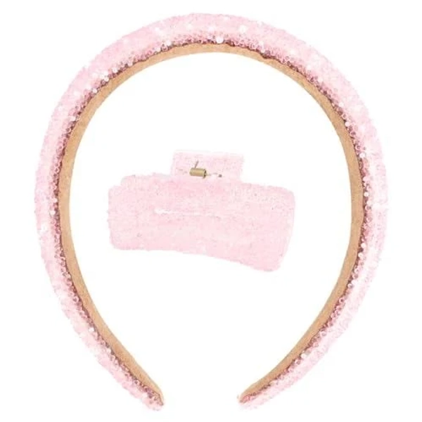 Pink Headbands for Women Sequin Headband Hair Clips Shiny Fashion Womens Head Band Women's Big Claw Non Slip Accessories Set