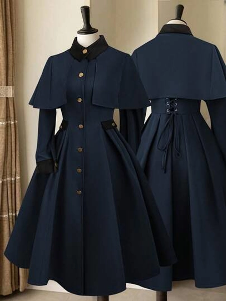 Sweetra Plus Size Color Block Stand Collar Patchwork Cinched Waist Long Sleeve A-Line Autumn/Winter Jacket