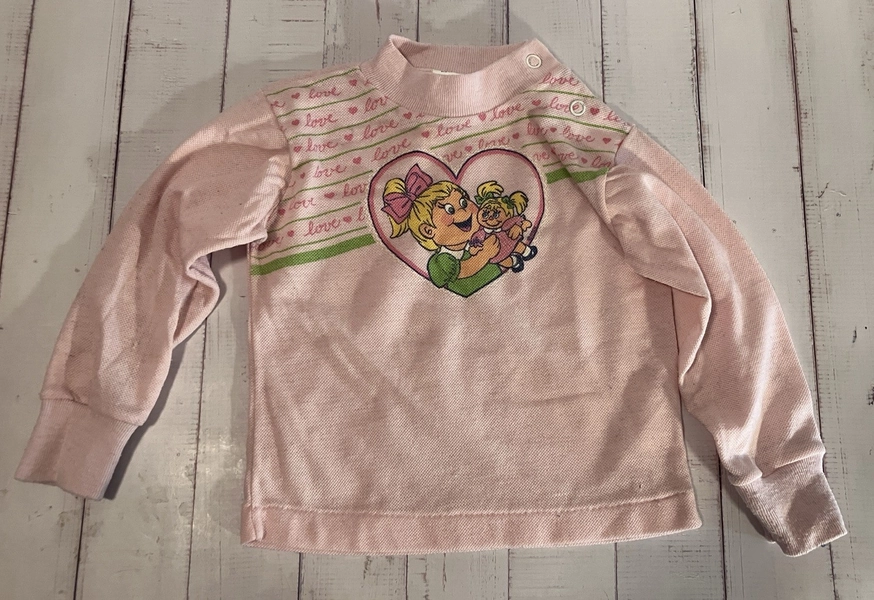 Vintage 1980s Illustrated Baby T-shirt Size 24m Pink Girl W Doll Long Sleeve