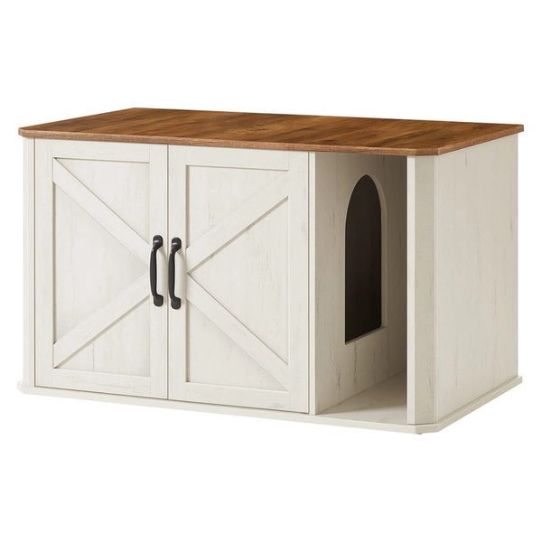Feandrea – Meuble à litière pour chat – Cache-litière moderne avec entrée par devant – Double porte – 85 x 48,5 x 50 cm – Panneau aggloméré marron miel et blanc