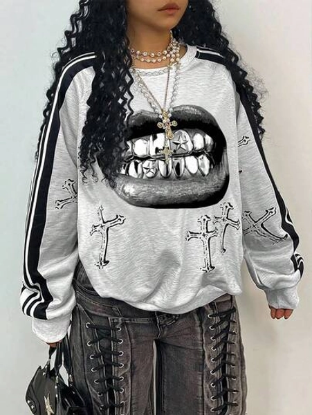 Rovax Y2K Casual Mouth & Cross Digital Print Plus Size Sweatshirt For Women, Fashionable Back To School/Campus Style Fall Cloth For Women Winter Autumn