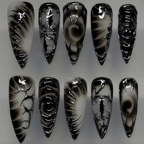 Stiletto Gothic Press On Nails 30Pcs Glossy Acrylic Fake Nails with 3D Embossed Devil Eye Pattern Punk False Nails for Halloween