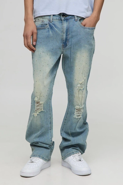 Slim Flared Scattered Rhinestone Ripped Jeans | boohooMAN USA