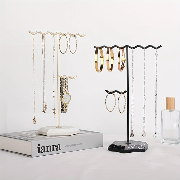 1pc Organizador de Joyería de Metal con Parte Superior en Forma de Ola y Textura de Mármol Natural en la Base, Soporte para Exhibir Collares/Pendientes/Pulseras, Ideal para Sala de Estar, Oficina y Regalos de Navidad, Torres de Joyería
