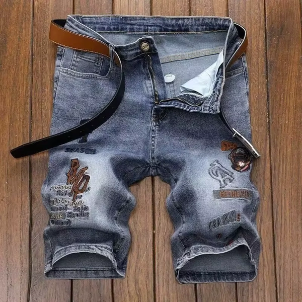 Summer Thin Men's Embroidered Denim Shorts Men's Five-point Pants 2025 New Slim Korean Trendy Brand Elastic Blue Jeans Shorts