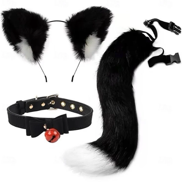 Handmade Cat Ears Headband with Tail Set