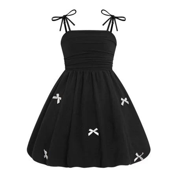 Ibtom Castle Girls' Bow Spaghetti Strap Dress Adjustable A-Line Bubble Hem Party Dress for Summer Birthday Party School