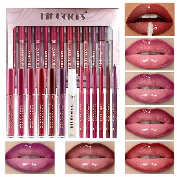 13pcs Moisturizing Matte Lip Gloss and Glossy Lip Oil Set, 6+7 Lip Gloss Lip Line Pen Case, Matte No-Tangle Cup Suction Pens, Waterproof Non-Fading Lip Tears, Perfect Gift