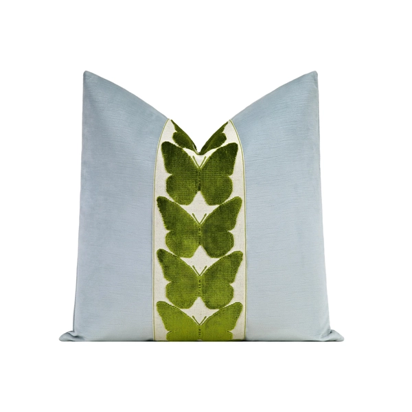 Striated Velvet Pillow Cover with Large Butterfly Trim | Spa Blue Designer Velvet Throw Pillow Cover with Green Wide Butterfly Trim | Lumbar
